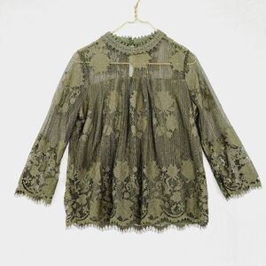 New York & Company Green Lace Floral Long Sleeve Mock Neck Blouse 2484